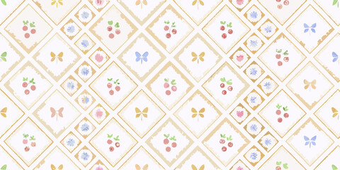 A repeating pattern of diamonds with floral and berry motifs