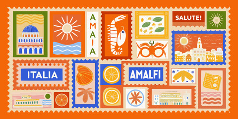 Colorful illustrated postage stamps depicting amalfi coast imagery and italian themes © Sudebi