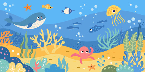 Colorful underwater scene featuring whales jellyfish fish and coral © Sudebi