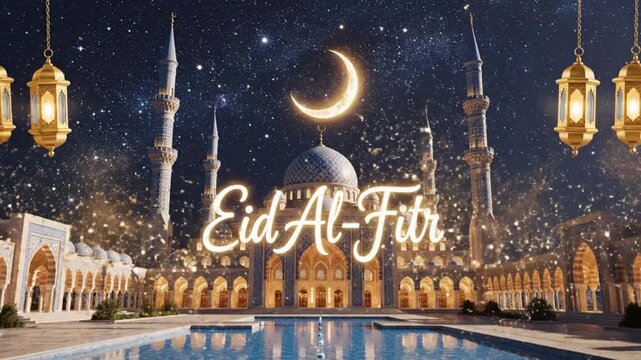 Festive digital greeting card featuring the glowing text Eid Al Fitr illuminated above a grand mosque under a starry night sky with golden lanterns