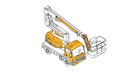 Isometric Aerial Work Platform (AWP) Boom Truck Illustration. Industrial Cherry Picker Utility Vehicle Line Art Drawing.