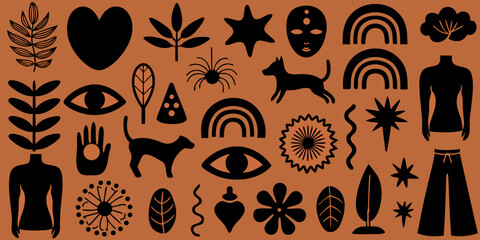 Collection of black silhouettes featuring botanical and symbolic shapes © Sudebi