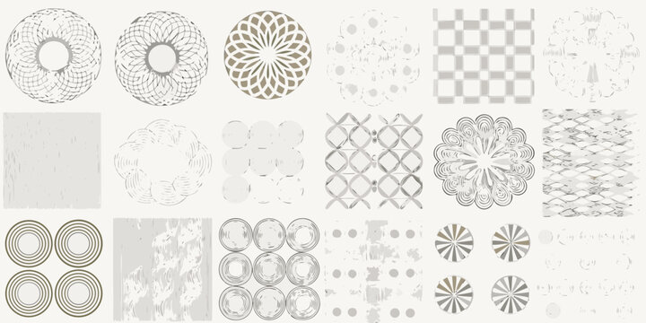Collection of abstract circular and geometric patterns in neutral tones