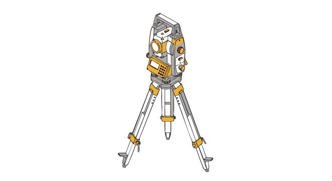 Electronic Total Station Surveying Instrument on Tripod. Precision Geospatial Measurement Technology Line Art Icon.