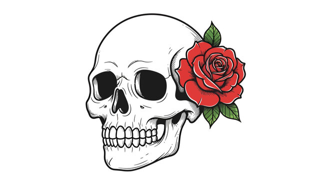 Anatomical skull adorned with a vibrant red rose illustration depicting symbolic contrast