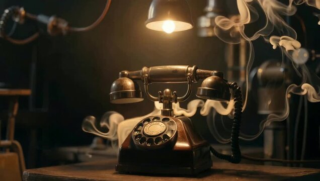 An old-fashioned telephone sits on a desk, with smoke rising from it.