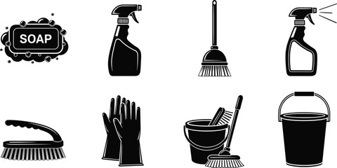 Black and white cleaning tools icons set featuring soap spray bottle broom brush gloves bucket for household hygiene vector illustration © MdNurIslam