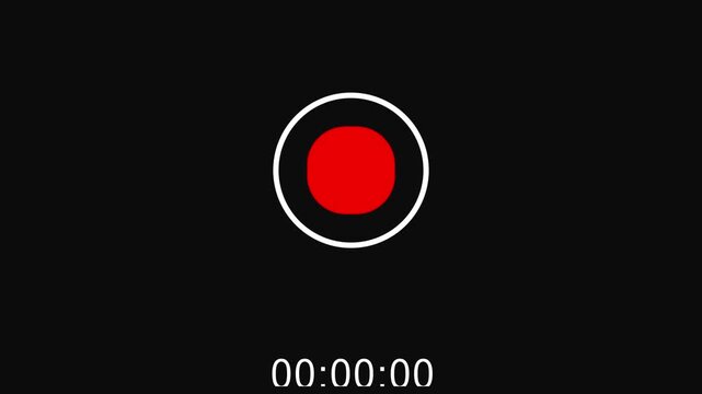 Red start recording button and seconds timer, black background 4k video