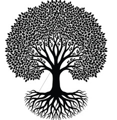 Black and white tree of life silhouette with detailed leaves and roots symbolizing growth balance nature spirituality illustration design art