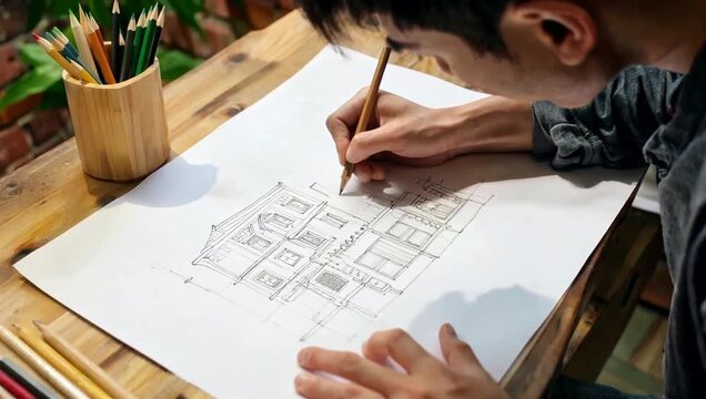 Architectural drawing process by a designer.