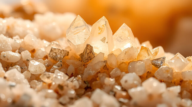 Gleaming apophyllite crystals rise amidst the warm glow of stilbite, creating a miniature landscape of mineralogical wonder