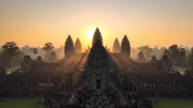 Sunrise illuminates ancient Angkor Wat temple complex, Cambodia, showcasing intricate architecture and spiritual atmosphere with dramatic light rays