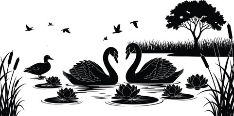 Black and white swan pond silhouette vector illustration featuring two swans duck water lilies reeds and birds flying near tree and lake. © Mukta