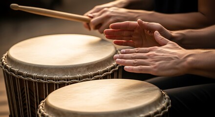 Expressive hand drumming performance with ethnic musical instrument