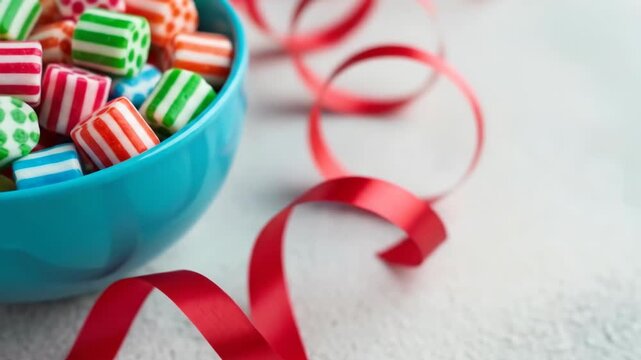 A Blue Bowl Filled with Colorful Striped Hard Candies.