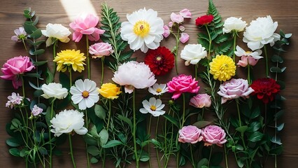 Floral arrangement featuring a variety of colorful blossoms on rustic surface