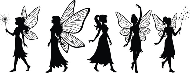 Black fairy silhouette vector set with magic wand stars butterfly wings beautiful girl mythical creature sprite collection isolated on white background for fantasy tale design. © Mukta