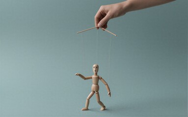 Hand controls wooden puppet, symbolizing manipulation and loss of autonomy. Minimalist background emphasizes control theme.