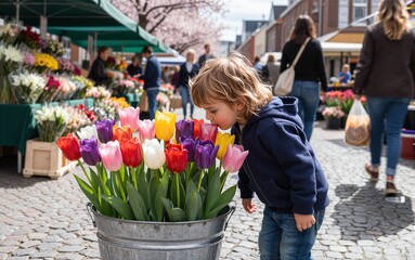 Fototapeta premium Child admires colorful tulips at vibrant outdoor market under blooming cherry trees.