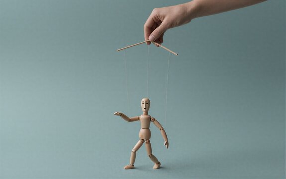 Hand controls wooden puppet, symbolizing manipulation and loss of autonomy. Minimalist background emphasizes control theme.