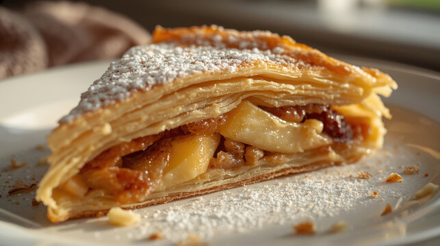 Fetta di strudel di mele tradizionale con zucchero a velo servita su un piatto bianco. Generative AI 