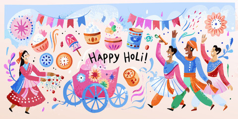 Obraz premium A colorful illustration depicting a joyful happy holi celebration with traditional elements