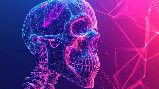 Glowing, digital skull profile with spine against a blue-to-pink gradient background