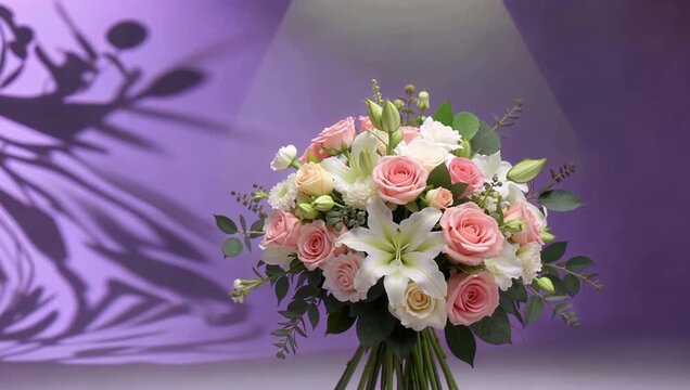Beautiful bouquet of pink roses and white lilies on a purple background with shadows.
