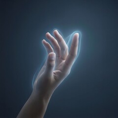 Fototapeta premium Futuristic human hand with glowing energy trail on dark background, symbolizing AI interface, digital transformation, innovation, and advanced technology.