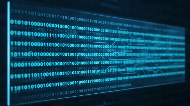 Binary Code Streaming on Dark Blue Background.