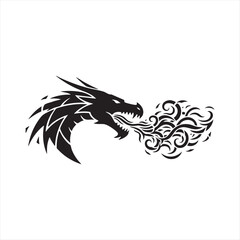 Black dragon head profile silhouette breathing fire tattoo design on white background