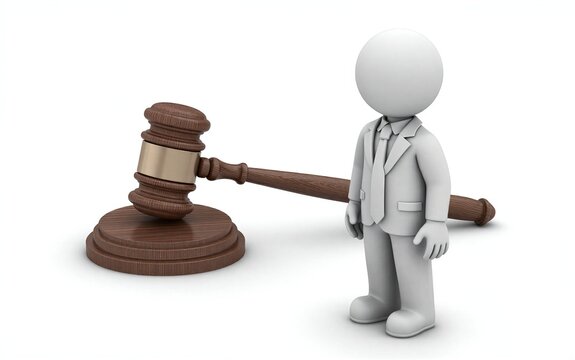 Judge figure stands beside wooden gavel, symbolizing legal authority and justice in court.
