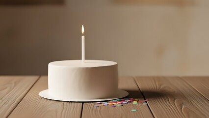 Minimalist cake with single candle resting on wooden table for celebration