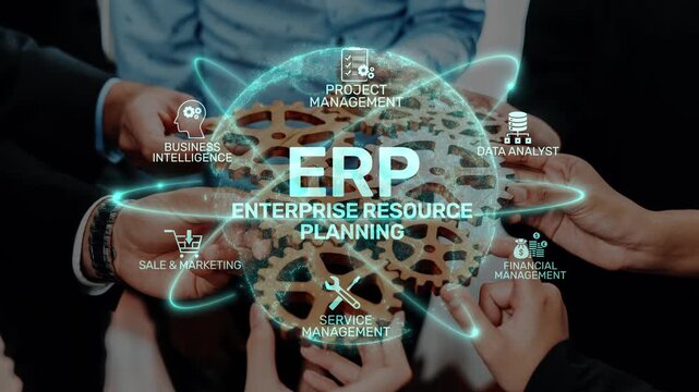 A diverse group of professionals collaborates around a globe symbolizing ERP. This image highlights key aspects of business management, such as planning and analysis. Raster