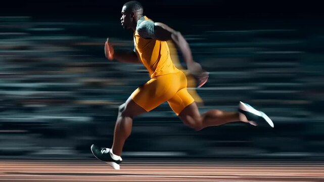 Dynamic Sprinter Racing on Track in Blur Motion During Night Event