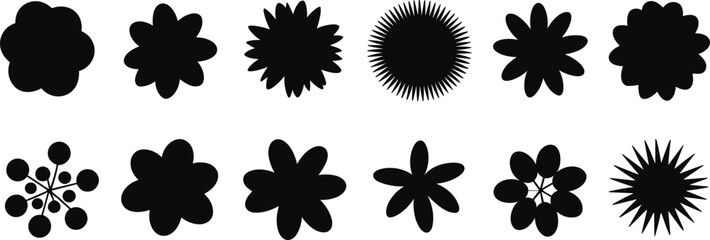 Stylized floral silhouette collection featuring abstract flower shapes with diverse petal designs, decorative patterns, and artistic black ornamental illustrations © Masud