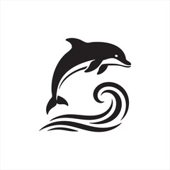 Fototapeta premium Black silhouette of a dolphin leaping out of a wave on white background