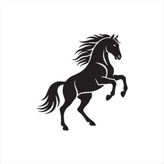 Fototapeta premium Black silhouette of a rearing horse with a flowing mane and tail, standing on its hind legs