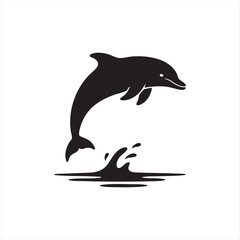 Obraz premium Black silhouette of jumping dolphin over sea waves isolated on white background