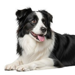 A fluffy black and white dog with long fur and a pink tongue lies down in a minimalist gray studio with soft diffused lighting commercial pet portrait concept