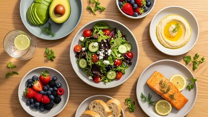 Nutritious and colorful balanced meal with salmon and refreshing beverages