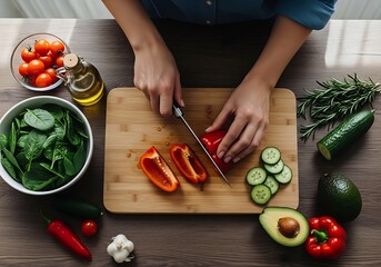 Overhead shot of a person preparing healthy vibrant vegetables for salad