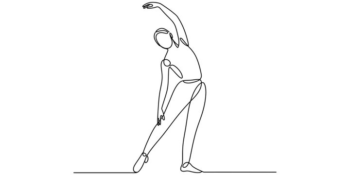 Continuous line drawing of a person performing a side stretch exercise for fitness.