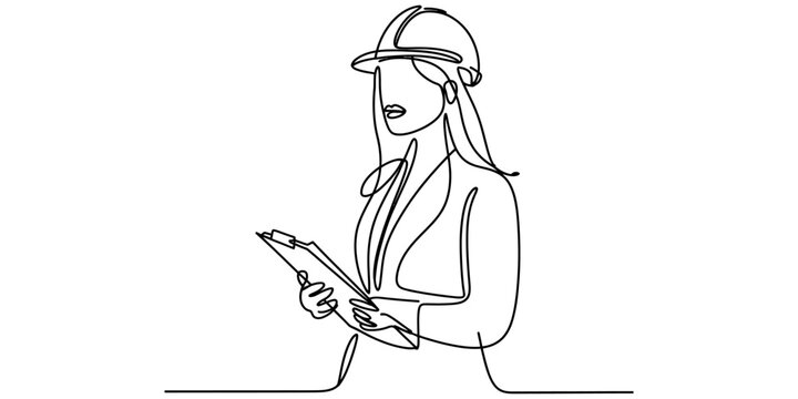 Continuous line drawing of a professional female engineer wearing a hard hat and holding a clipboard