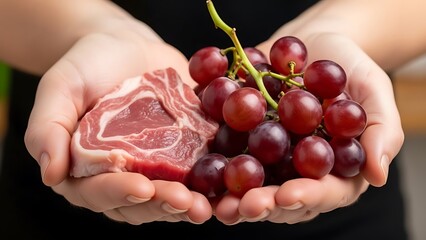 Raw red meat cut and grape bunch presented in cupped hands close up