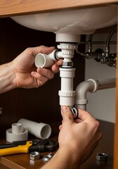 Professional plumber meticulously assembling a sink drain under cabinet