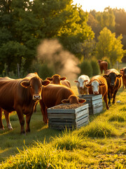Bees and cattle coexist peacefully beside an apiary in a beautiful natural setting during early morning light
