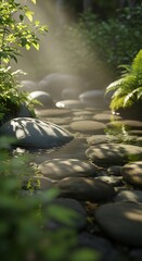 Serene riverbed scene with sunlit stones and lush foliage detail
