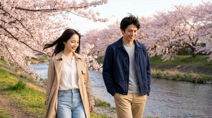 桜の下でデートするカップル