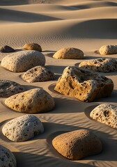 Surreal composition featuring scattered stones resting upon desert dunes
